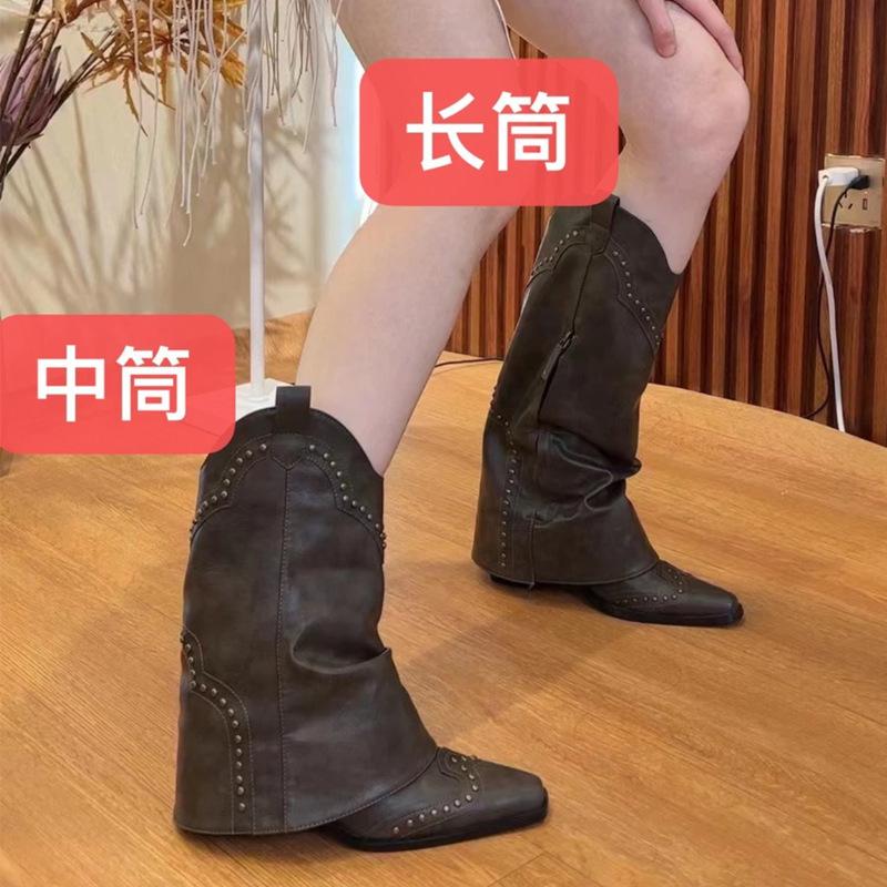 

2025 summer new retro pointed western boots women s brown riveted trousers boots versatile thick heel boots tide 40