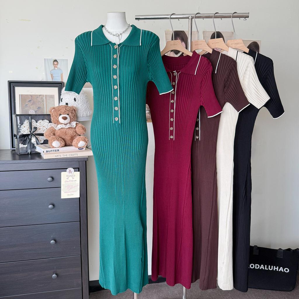Short-sleeved Lapel Knitted Skirt Women's 2025 Summer and Autumn New Pit Strip Single-breasted Tight Mid-length Dress