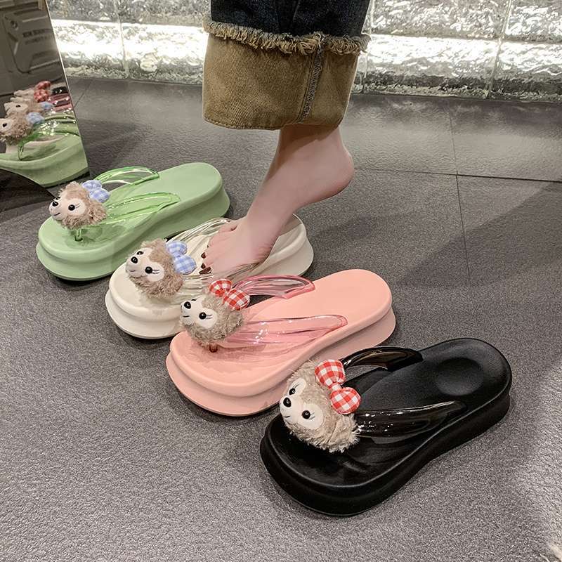 Thick Bottom Heightening Flip-flops Women Wear Korean Version of Cute Cartoon Shirley Mei Pinched Feet Beach Cool Slippers In Summer