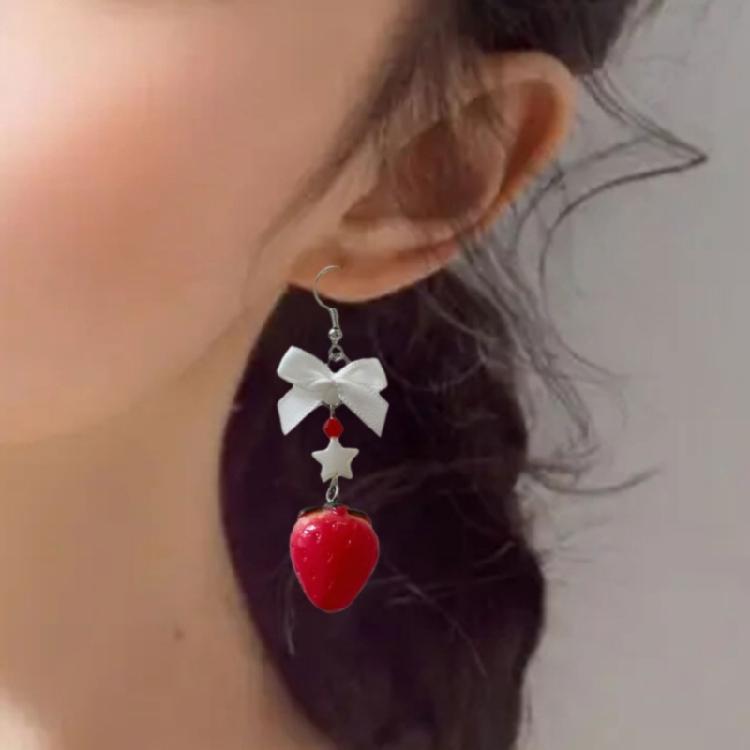 Elegant Fruit Charm Earrings Bowknot Strawberry Ear Pendants Unique Accessory