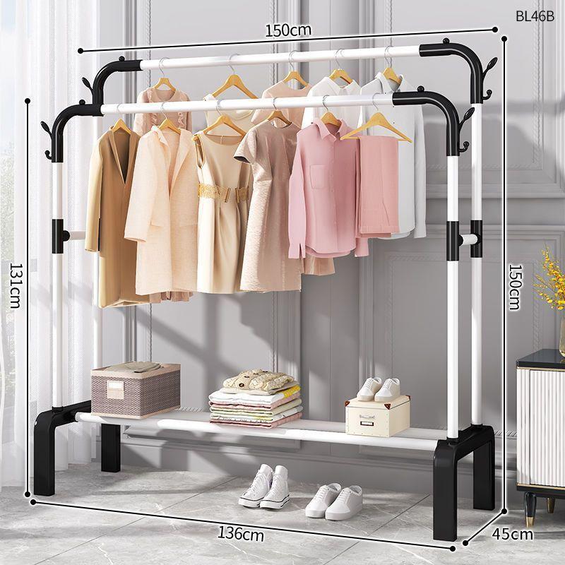 Plastic Floor-Standing Balcony and Bedroom Clothes & Hat Rack, with Folding Drying Pole and Storage.