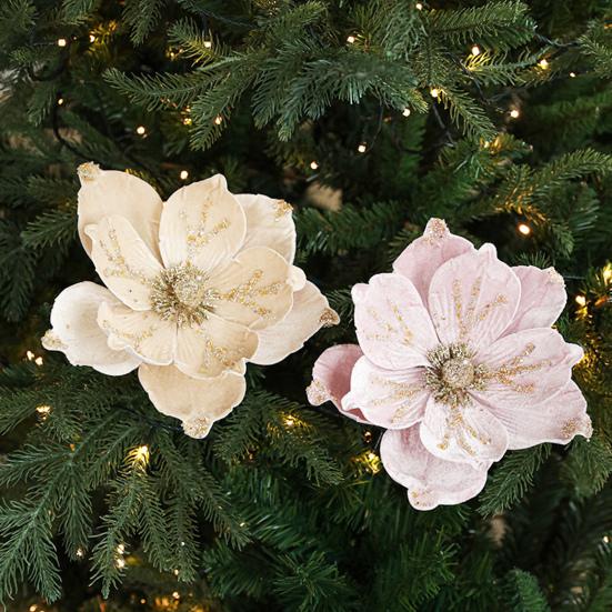 Künstliche Weihnachtsstern-Blütenstecker Samt Glitzer Magnolienblüte mit Stiel Weihnachtsbaumschmuck für Weihnachten Neujahrsparty Hochzeit Feiertagsdeko