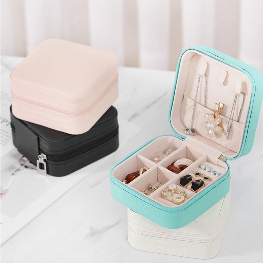 PU Leather Mini Jewelry Storage Zipper Closure Travel Jewelry Box Ring Organizer  Display Box