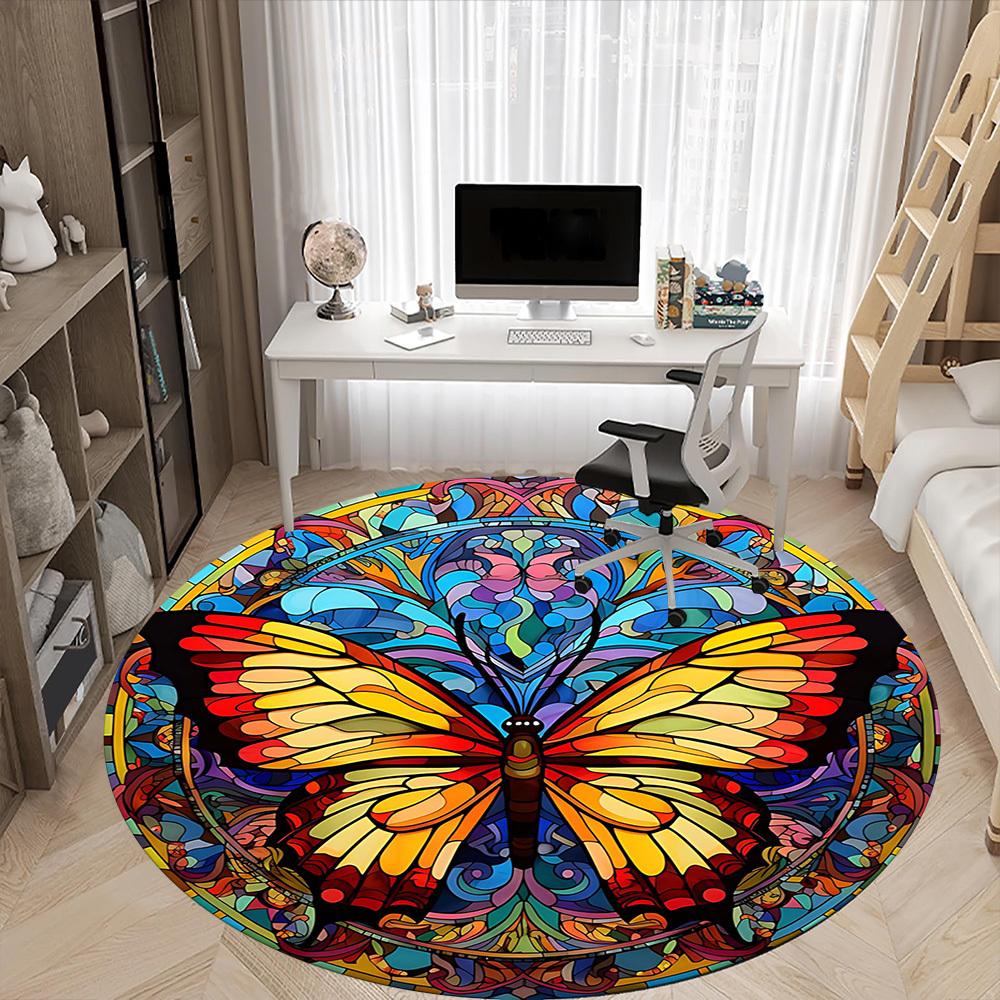 1PCButterfly StainedGlass Office Round Area Rug,  Mat Suitable For Office, Under Office Chairs Bedroom Living Room Home Decor, Room Deco