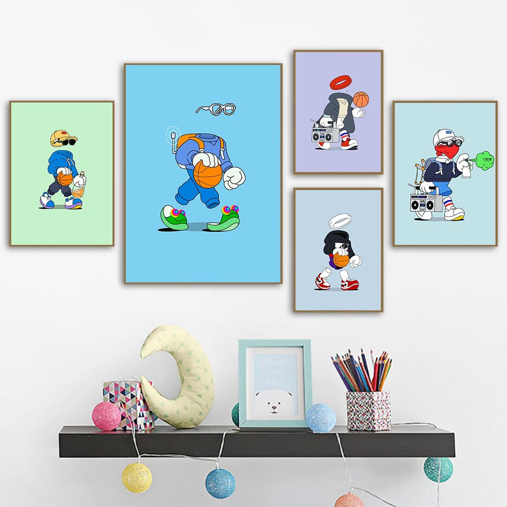 Niedlichen Cartoon Basketball Poster Kunstdruck Unsichtbarer Junge Spielen Street Ball Boxen Leinwand Malerei Bild Kinderzimmer Wohnkultur