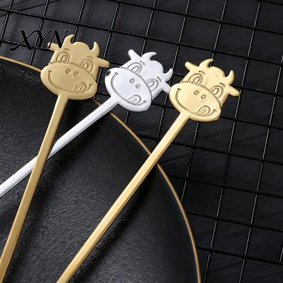 Long Handle Spoon Stainless Steel Coffee Spoon, with Bull Head Decor, Pudding Dessert Multifunctional Stirring for Milk Tea Yogurt Jam Rust Resistant
