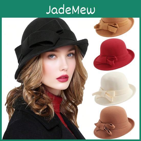 Bucket Ladies Felt Hat Wool Vintage Cloche Fedora Hat Female Bowler Hat With Bow Winter Wedding Church Jazz Cap