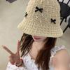 Portable Solid Color Women Fisherman Hat Weave Straw Bow Bucket Hat Korean Style Wide Brim Sunscreen Visor Cap Outdoor