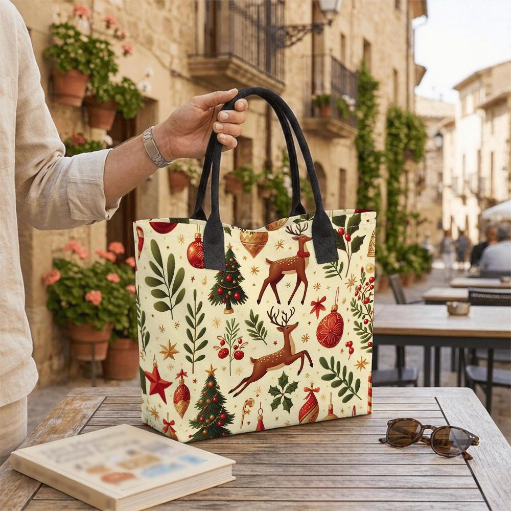 Christmas Reindeer Printed Canvas Tote Bag Casual Large Capacity Holiday Handbag