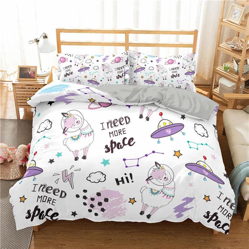 Cartoon Alpaca Duvet Cover King Queen Size Lovely White Animal Bedding Set for Kids Tropical Cactus 2/3pcs Polyester Quilt Cover