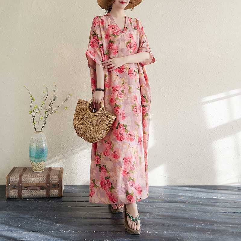 Summer Color Travel V-neck Retro Long Skirt Cotton Linen Dress