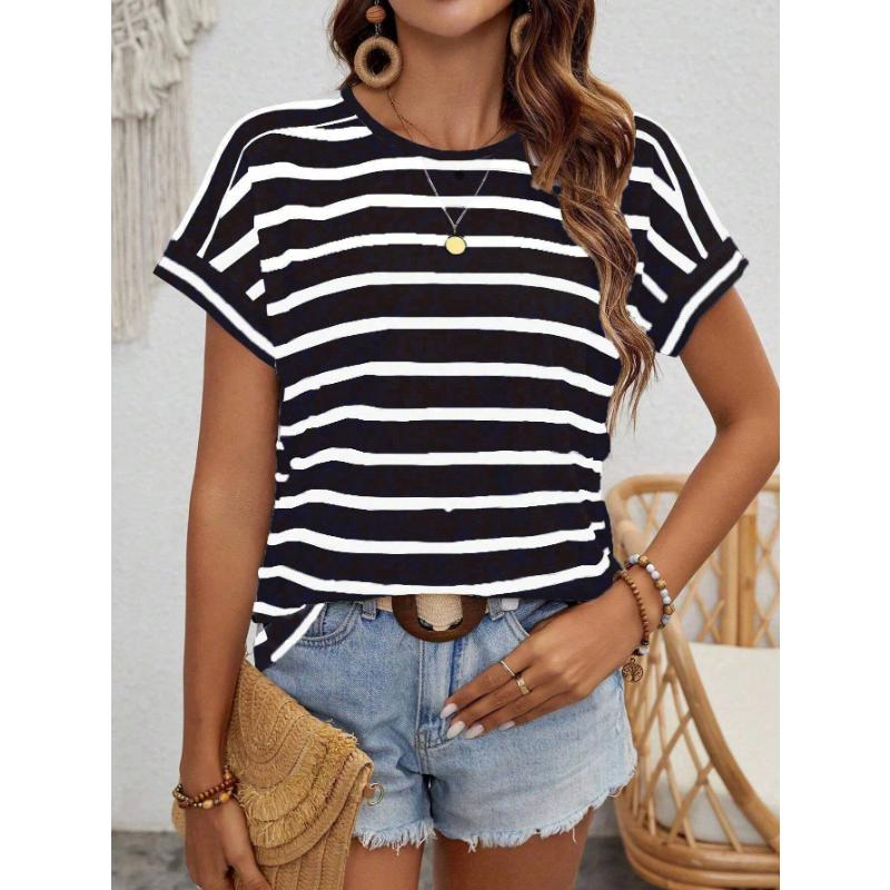 Fashionable Women s Crew Neck Short-sleeve 3D Striped Color-printed Striped Short-sleeve T-shirt XS
