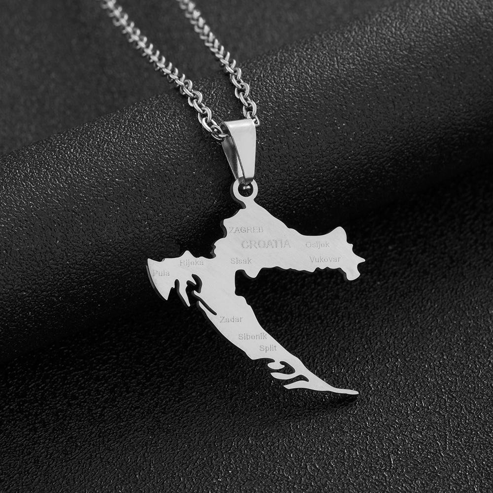 HY Manufacturer Croatia Map Chain Necklaces Stainless Steel Silver 18K Gold Plated Croatia National Flag Map Pendant Necklace 40+5cm
