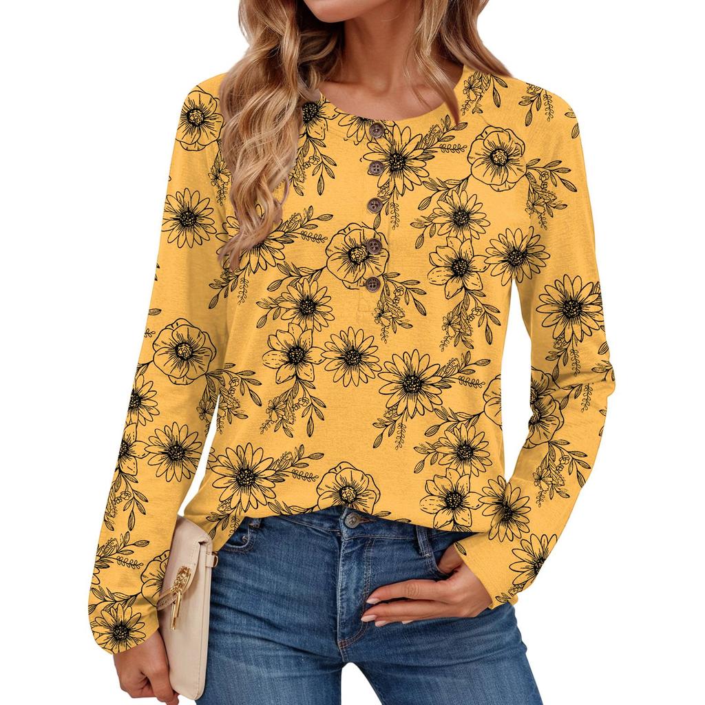 Damen Modisches Vintage Floral Print Rundhals Langarm Oberteil