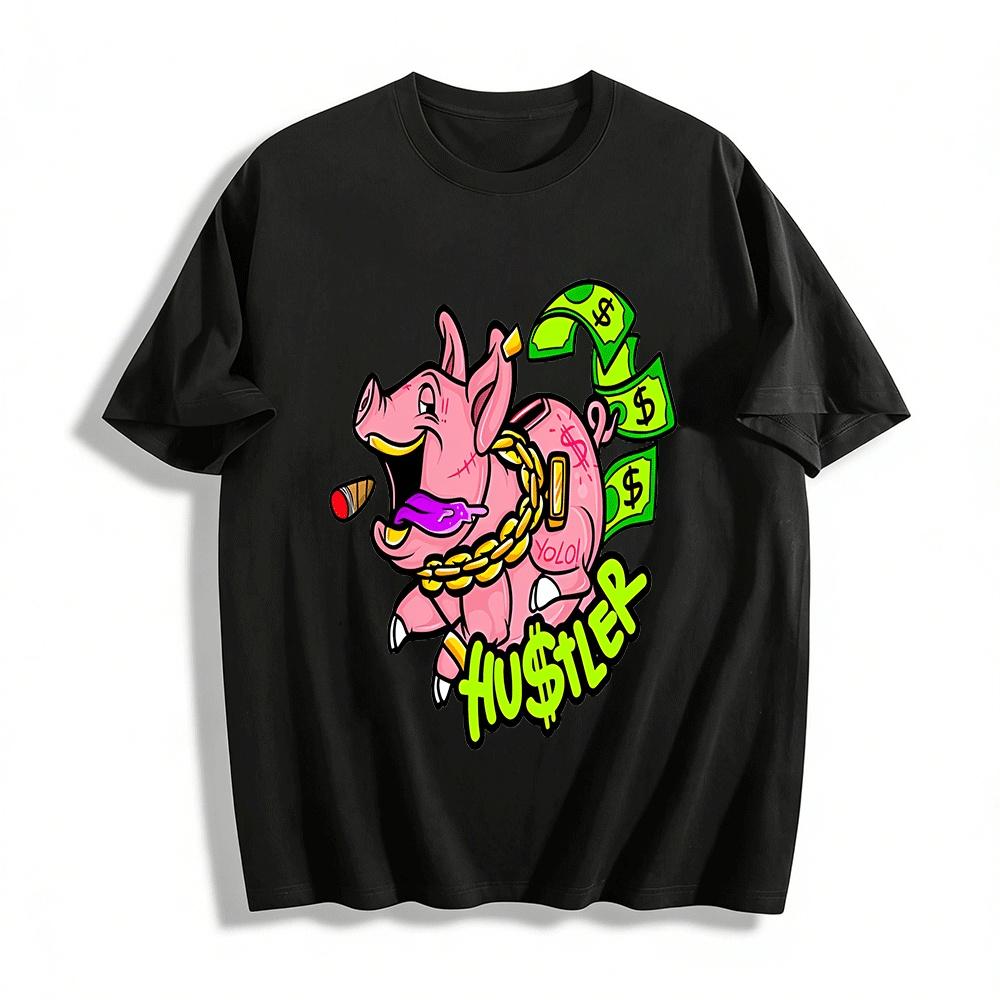 

Hustler Piggy Hip-Hop Graphic Tee Street Style Unisex Top Pure cotton T-shirt XXS