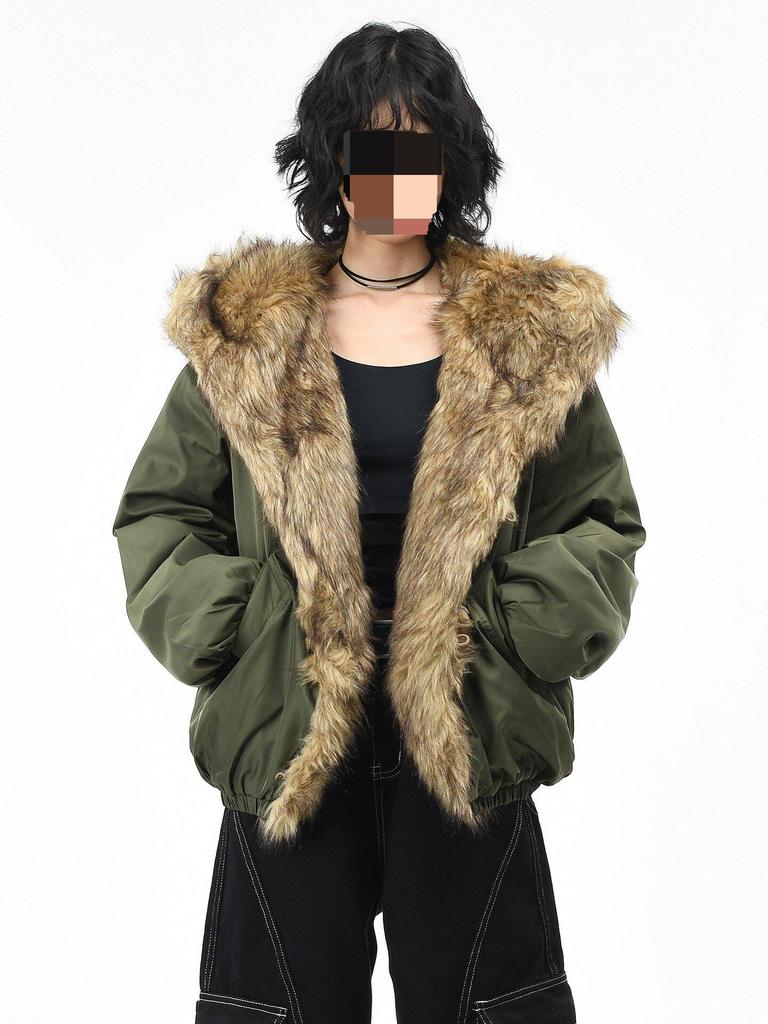 Unisex Retro Faux Fur-Lined Mountain Eagle Hooded Cotton Jacket