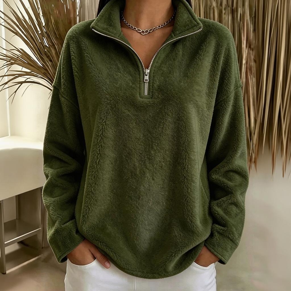 Women's Casual Color Long Sleeve Pullover Sweatshirt with Stand Collar and Zipper