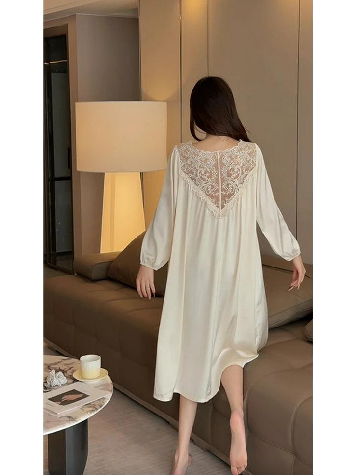 

YD Women s Ice Silk Long Sleeve Lace Nightgown for Spring/Autumn - Versatile, Loose Fit for Home or Casual Wear M (40-50 kg)