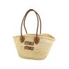 MIU MIU Geantă de plajă din paie cu logo țesut Geantă tote pentru femei Cognac Natural 5BG206-2DDH-F0A5T-V-SLO