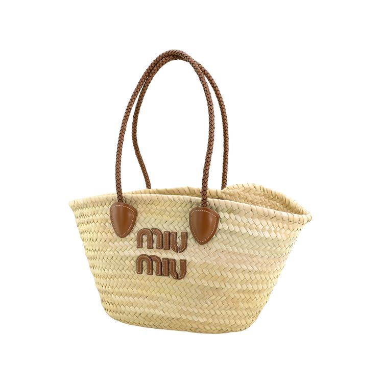 MIU MIU Geantă de plajă din paie cu logo țesut Geantă tote pentru femei Cognac Natural 5BG206-2DDH-F0A5T-V-SLO