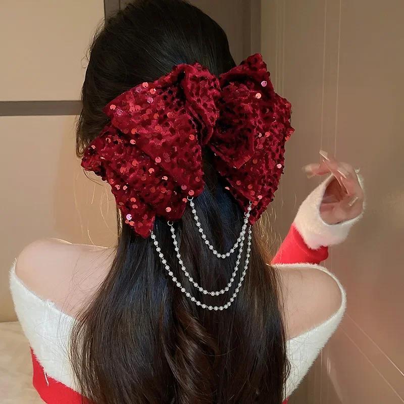 Retro Velvet Sequin Bow Hair Clips Tassel Spring Clip Fashion Pearl Hairpins Headpiece Korean Hair Accessories for Womeni-Remiel