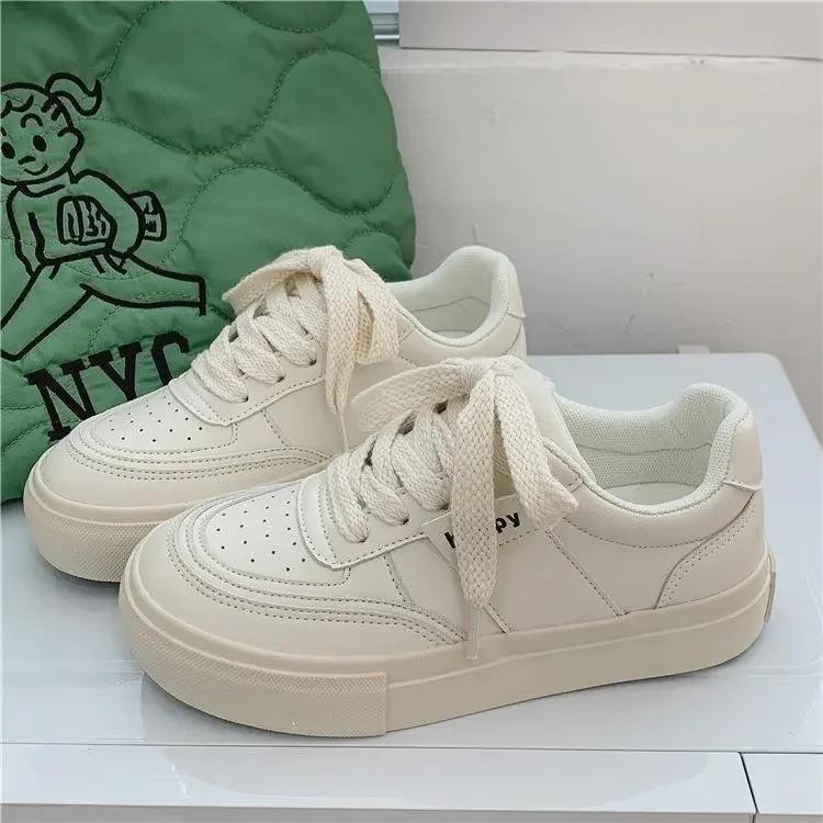 

Women s Sneakers Casual Single Shoes Autumn New Round Toe Retro Lace Up White Color Blocked Thick Soled Skateboard Shoes 40
