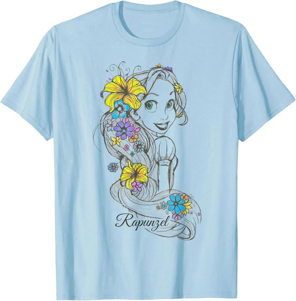 Fashion Casual Disney Tangled Rapunzel Floral Sketch Portrait T-Shirt T-Shirt S-4XL Summer