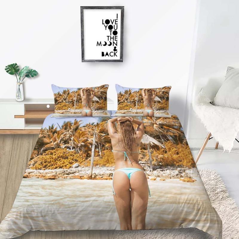 3D Bikini Duvet Cover Bedding Set, Sexy Beauty Down Duvet Cover Pillowcase, Ultra-fine Fiber Bed Cover, Single Double Bed