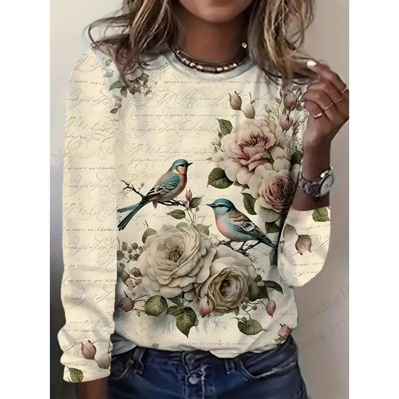 Bird Floral Patterns Graphic 3d Print T-Shirt Women Fashion Casual Oversized Long Sleeve T-shirt Women Clothing Flower Tops Tees