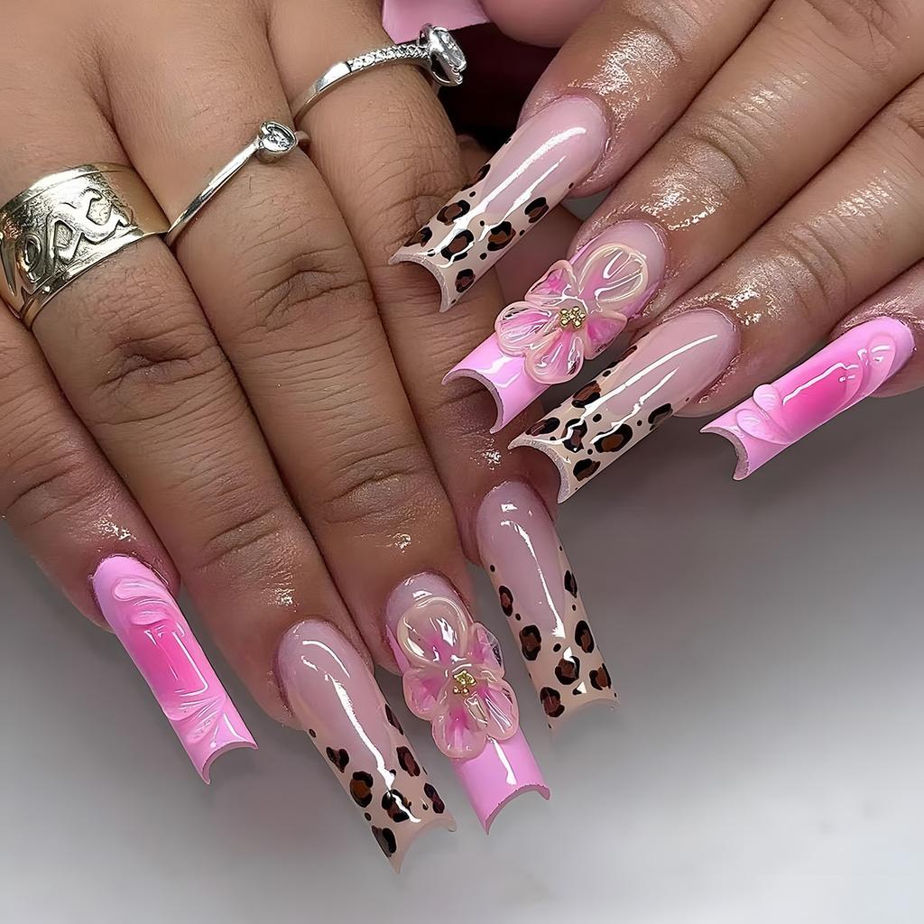 24Pcs Long Square Press On Nails Leopard Print French 3D Cherry Design False Nail Rhinestone Wearable Full Cover Fake Nails Tips