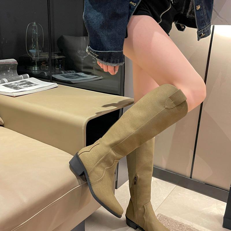 Fashion Black Knee High Western Cowboy Boots Women  Autumn Trendy Pleated Slip On Booties Botas Ladies Pointed Toe Shoes
