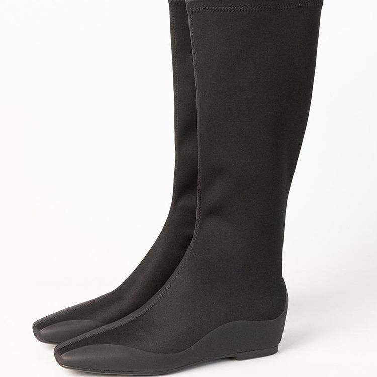 Inner Height Increase and Thin Elastic Boots European and American Small Square Head Knitted Thin Boots Women's Flat Casual Versatile Black Socks Boot