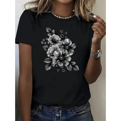 T-shirt Vintage da Donna Bianco e Nero Floreale Oversize Girocollo Manica Corta Intricata Stampa Botanica Foglie Boccioli Fiori Tessuto Morbido Traspirante
