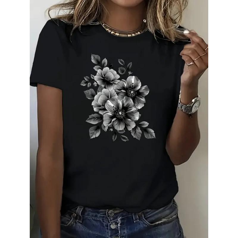 

Womens Vintage Black White Floral Tee Oversized Round Neck Short Sleeve Intricate Botanical Print Leaves Buds Flowers Soft Breathable Fabric 4XL