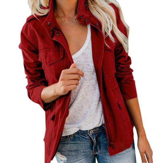 

Women s Thin Cotton Jacket Zip Up Snap Buttons Stand Collar Utility Coat Fall Casual Long Sleeve Outerwear with Pockets L