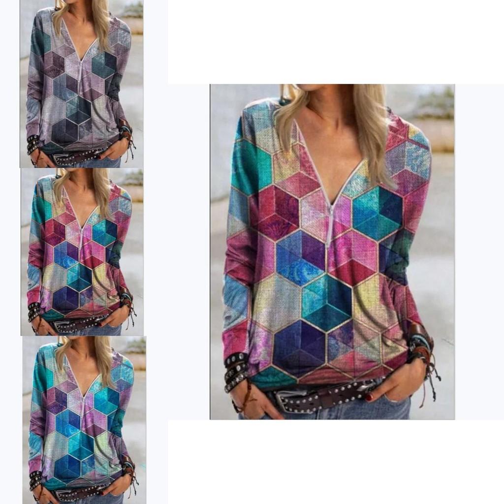 Elegant Ladies Print Pullover Blouse Shirt With V Neck And Zipper For Casual Wear