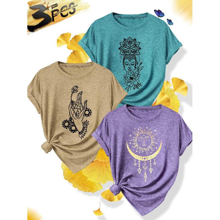 3Elegant style plus-size short-sleeved dress for sister gatherings and parties T Shirt Sun, Moon, Lotus, and Buddha s Hand Print Plus Size Women s 1XL