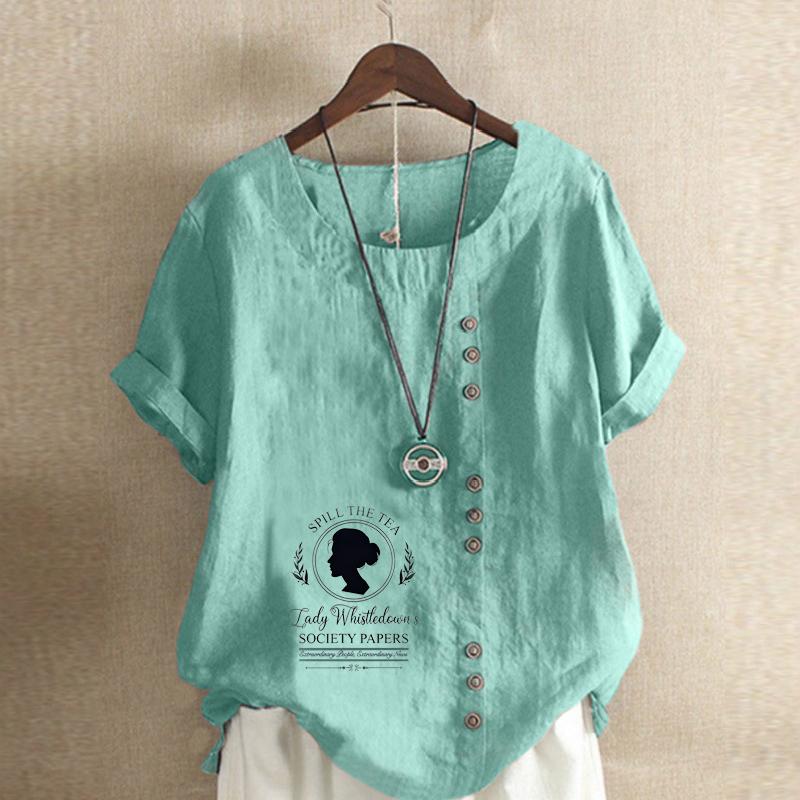 Women's Fashion Pattern Prined Round Neck Short Sleeve T-shirt Casual Cotton Linen Graphic Shirt Leisure Loose Summer Blouse Tops