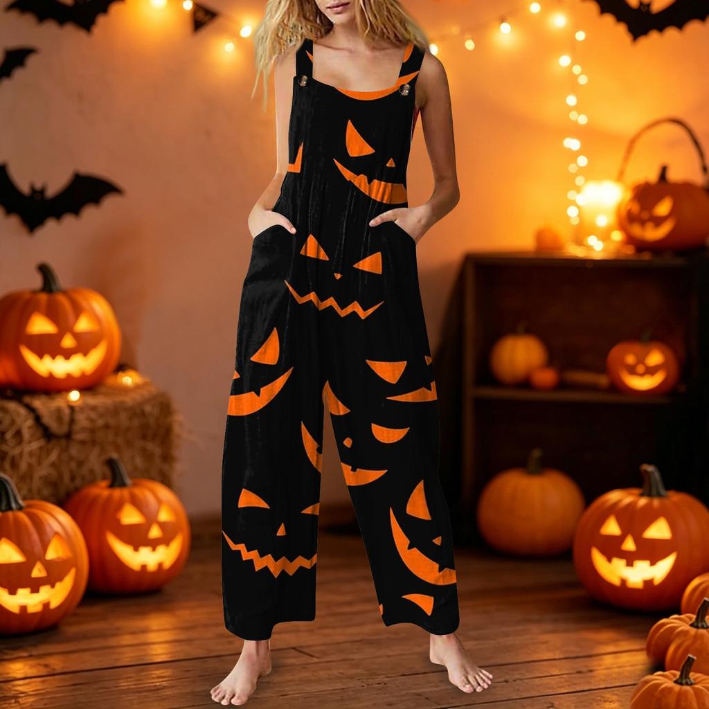 Womens Sleeveless Jumpsuit Cotton Casual Loose Fit Halloween Printed Romper Wide Leg Overalls