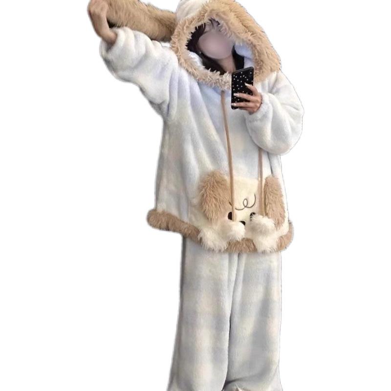 Women's Curly-haired Puppy Hooded Coral Fleece Pajamas - Spring New Style, Warm, Thickened, Fleece-Lined Home Wear Set