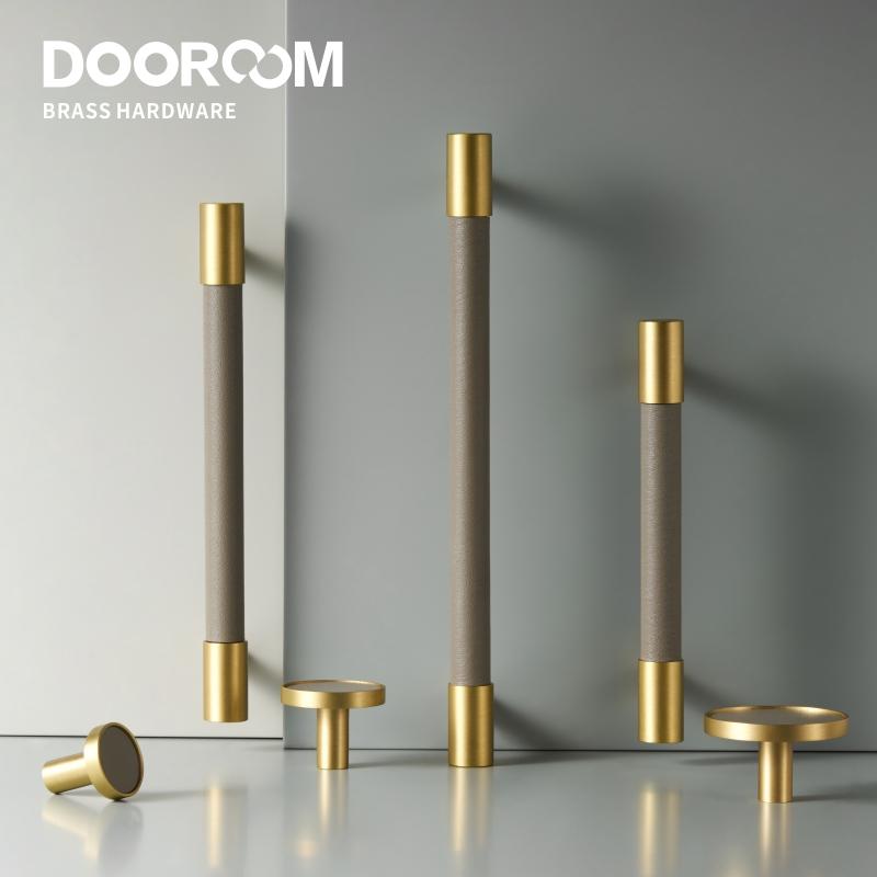Dooroom Brass Real Leather Furniture Handles Light Luxury Grey Wardrobe Dresser Cupboard Cabinet Drawer Pulls Easy Maintenance