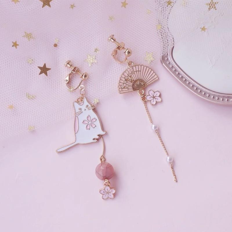 Cute Cat Bunny Butterfly Asymmetric Ear Clips No Piercing Pink Sakura Sweet Kawaii Ear Jewelry For Women