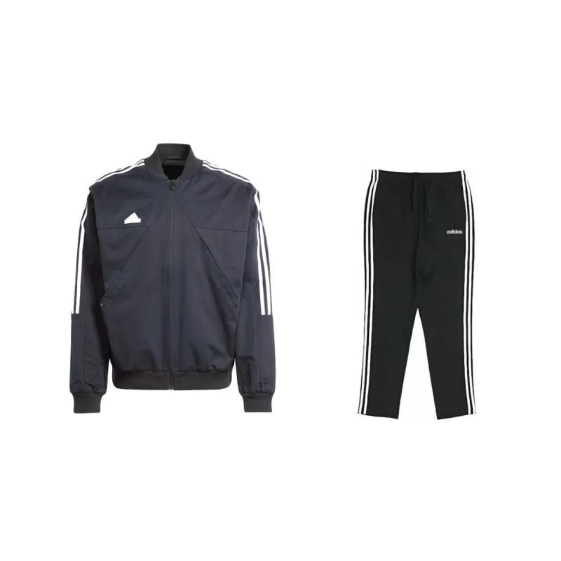 

Adidas Comfortable Long Sleeve Letter Print Baseball Collar Zip Top And Mid Waist Drawstring Pants Sports Set Unisex Sets Black IP3791+DU0456 S