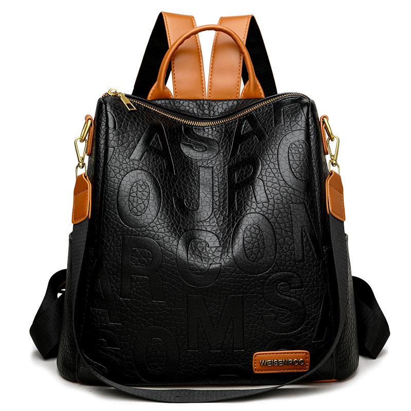 

Embossed large letter backpack popular contrasting color multi-functional travel backpack texture soft leather female student schoolbag чёрный
