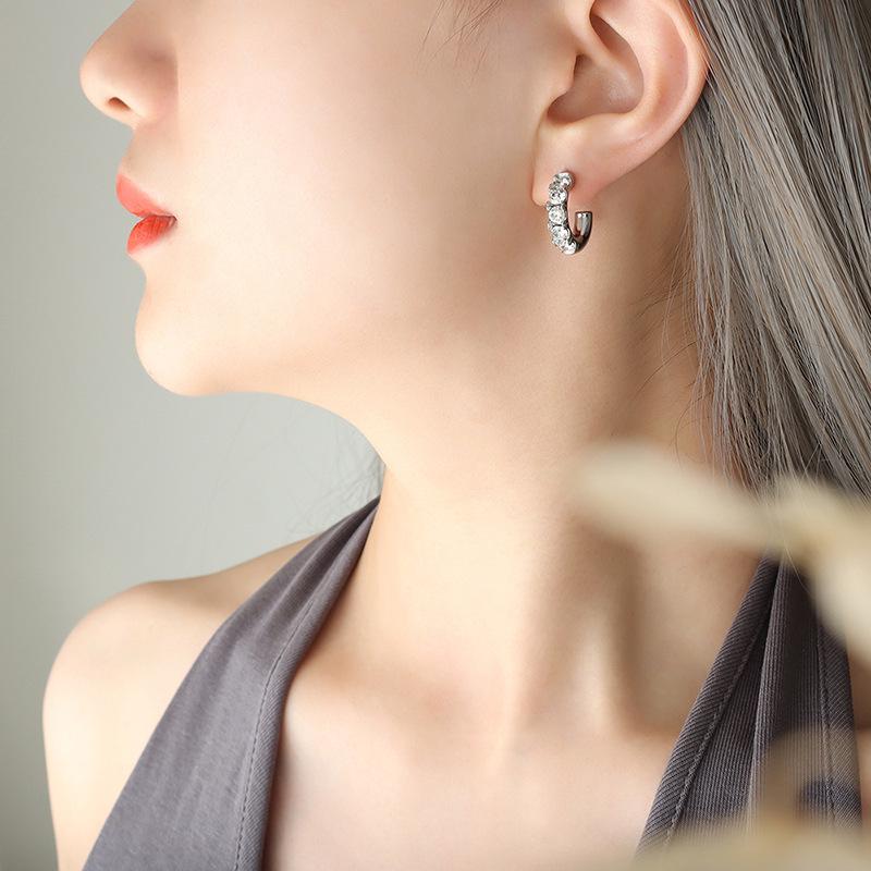 C-Shaped 18K Gold Plated Titanium Steel Earrings with White & Green Zircon Inlay - European & American Hong Kong Style Jewelry