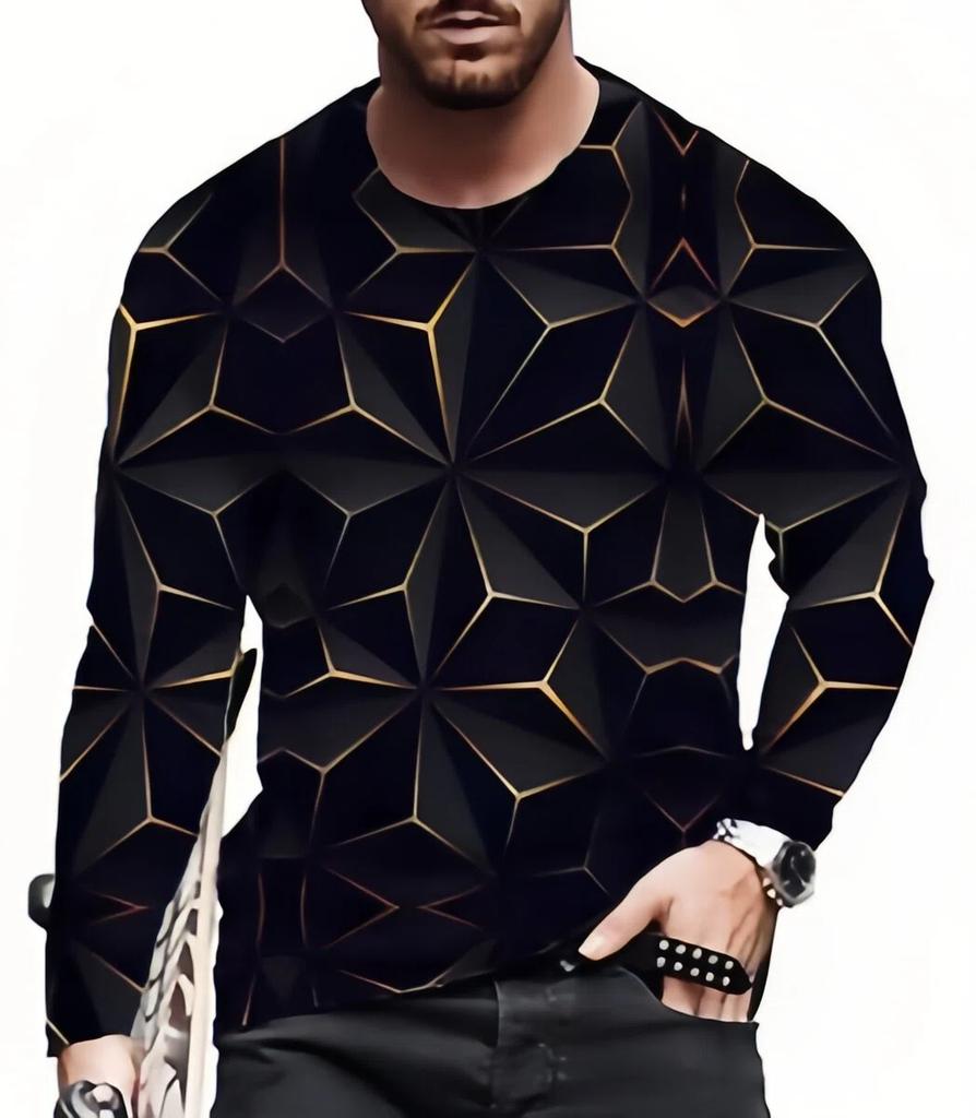 T-Shirt Men's Long Sleeve Black Gold Metallic Graphic Fashion Silk Soft T-Shirt