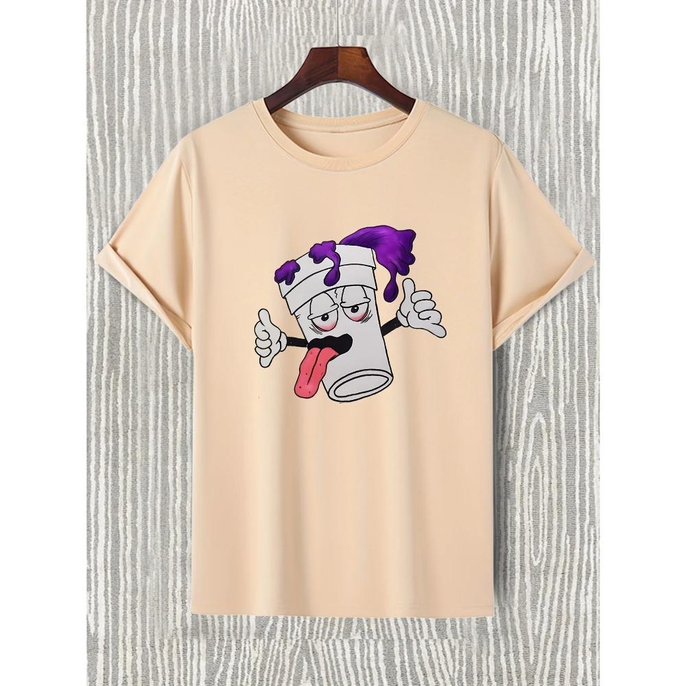 [Funny Cartoon Graphic Tee] Trendy Cartoon Graphic Print T-shirt - Men's Casual Funny Round Neck Tee For Summer