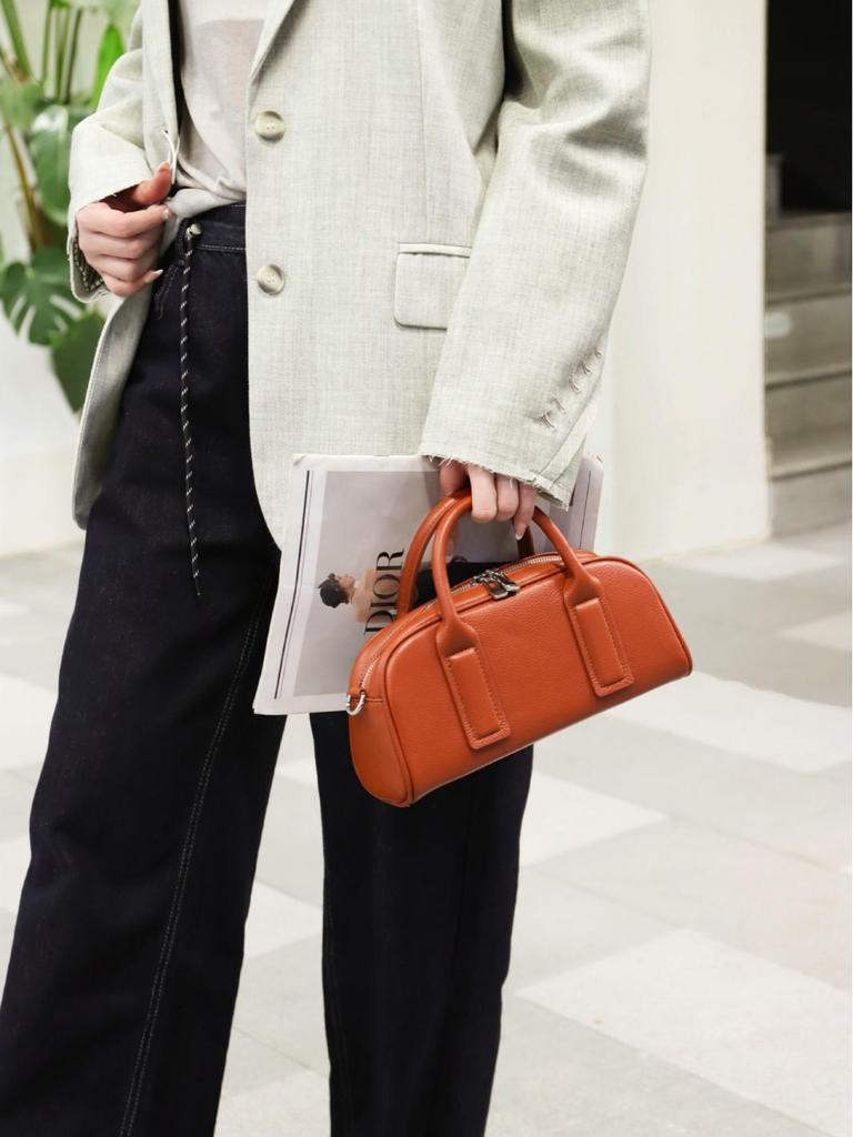Women's Lightweight Genuine Leather Boston Pillow Bag - Luxury Retro Bowling Handbag & Casual Crossbody