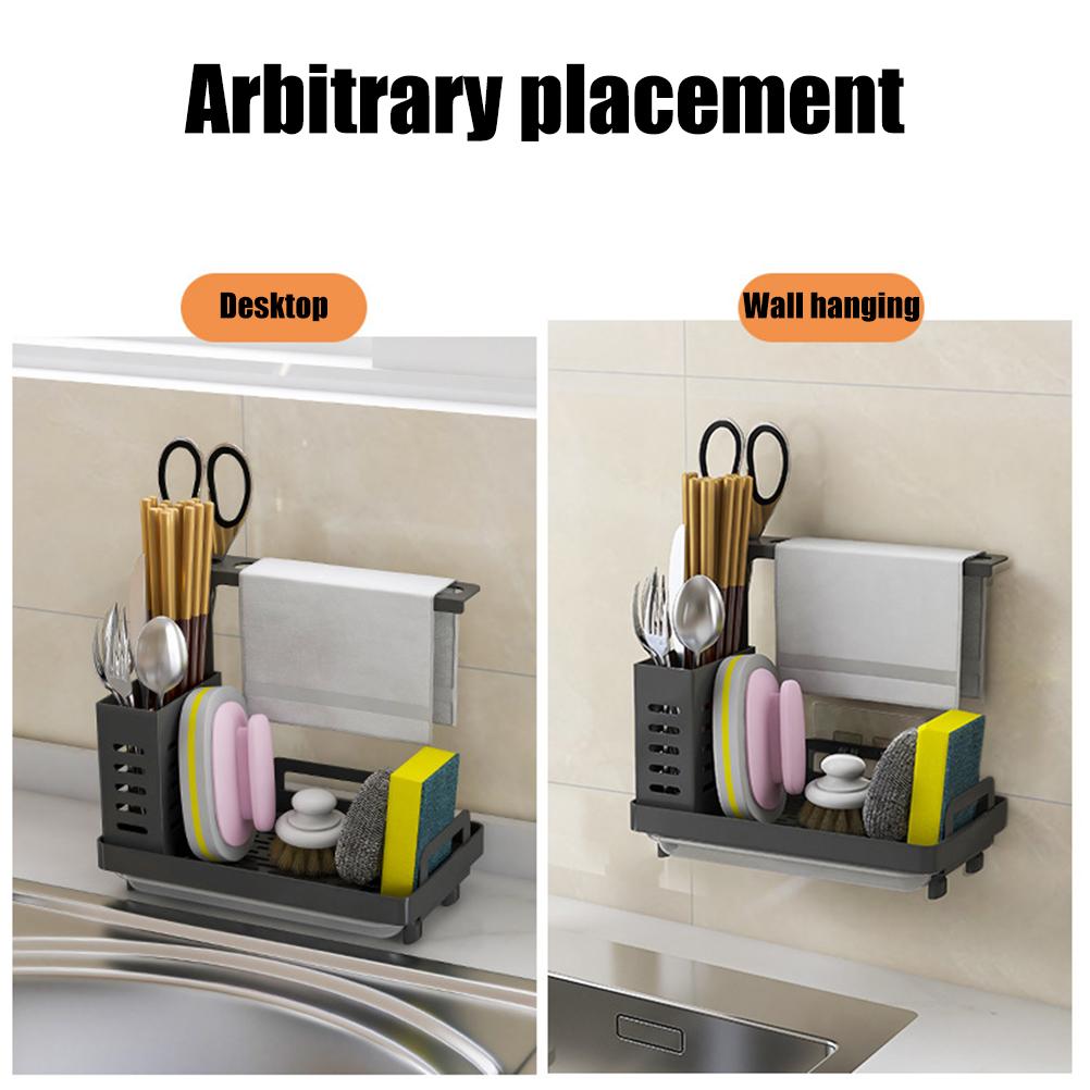 Kitchen Sink Caddy Organizer 304 Stainless Steel Sponge Soap Brushes Dispenser Holder with Rag Rack