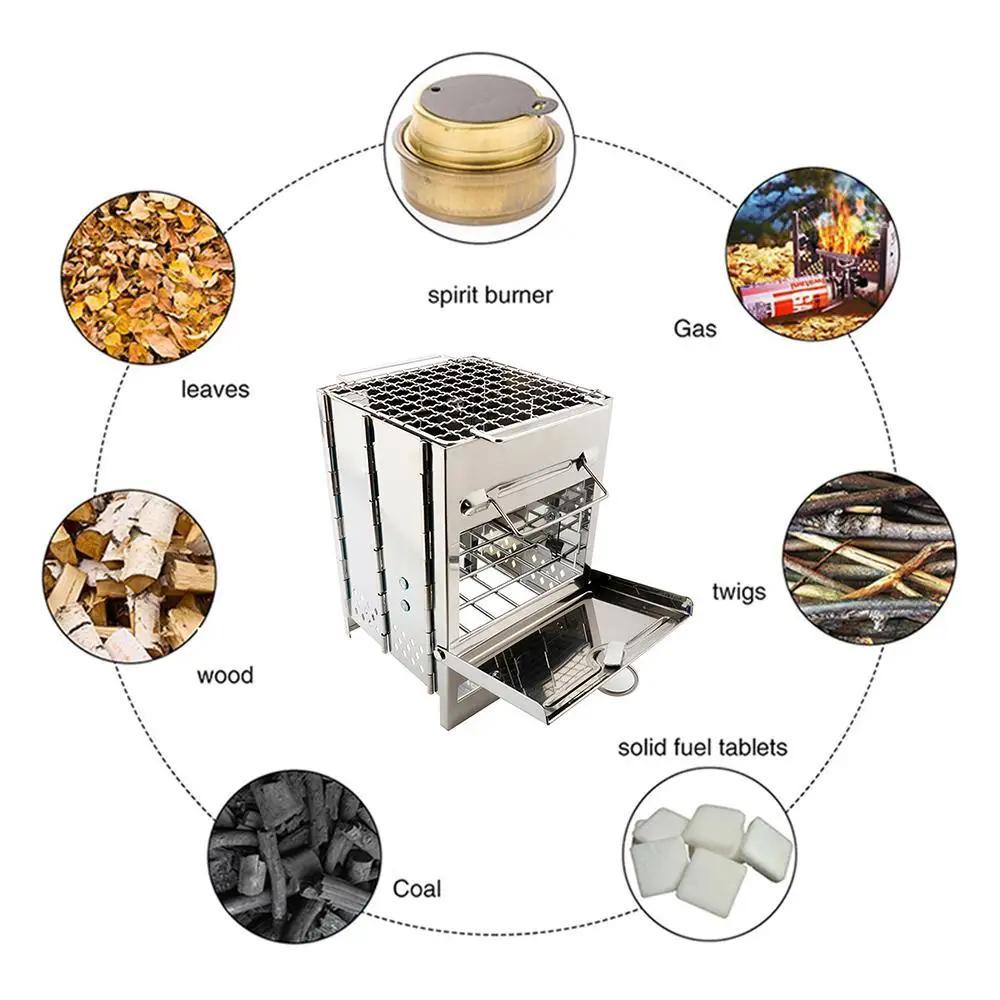 1 Pcs Mini Outdoor Firewood Stove Camping Cooking Picnic Travel Stainless Steel Square Wood Stove Charcoal Folding Grill BBQ